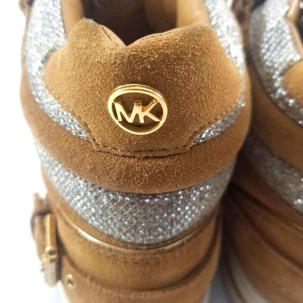 Michael Kors Womens Tan Suede Silver Glitter High Top Hidden Wedge Sneakers - Picture 5 of 6